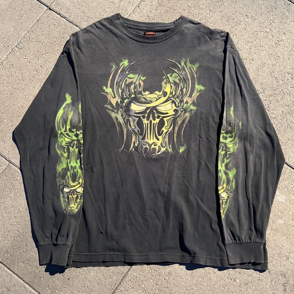 Vintage Hot Leathers Tribal Skull Graphic Long Sleeve Shirt Black Green XL